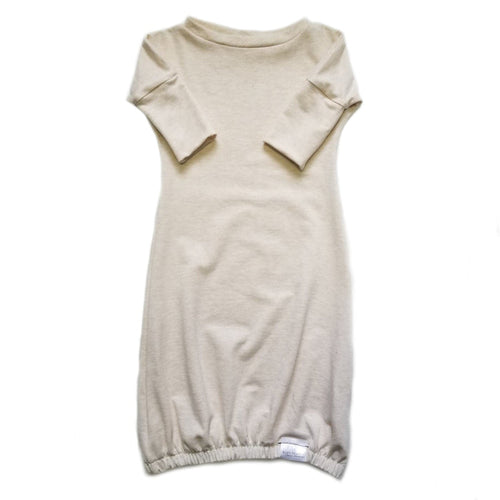 Eco-friendly kids' clothing – gender-neutral heather cream newborn gown, sustainably made in Canada.
