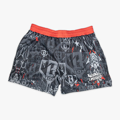 Gray youth shorts with “Night Game Drip” design — front view