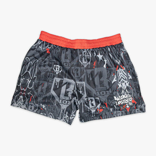 Gray youth shorts with “Night Game Drip” design — front view