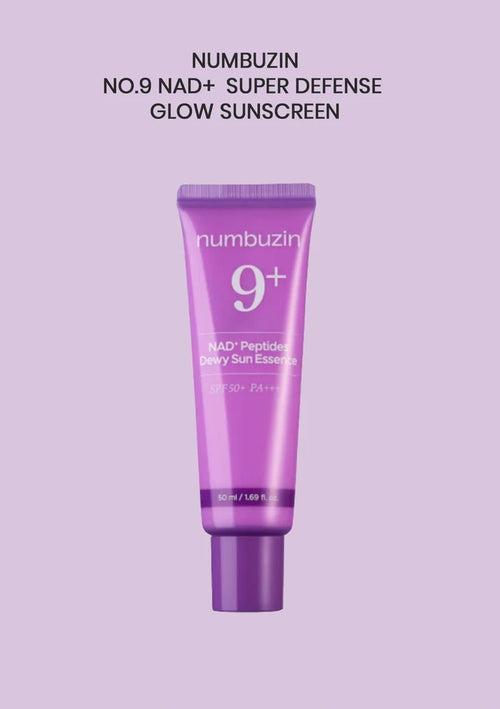 Purple sunscreen tube labeled 'Numbuzin No.9 NAD+ Super Defense Glow Sunscreen' on a light purple background