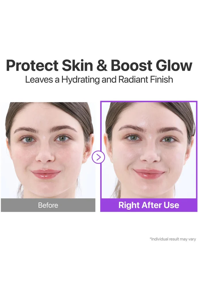 Before and after effect of skincare product on a woman's face with text 'Protect Skin & Boost Glow'.