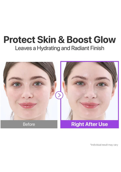 Before and after effect of skincare product on a woman's face with text 'Protect Skin & Boost Glow'.