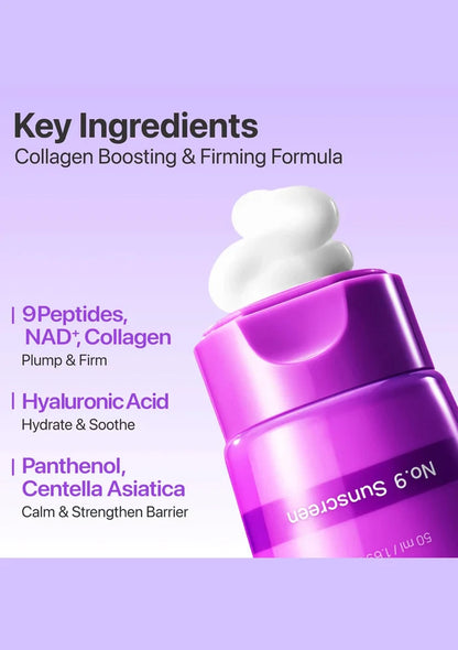 Purple skincare product with key ingredients listed on a light purple background