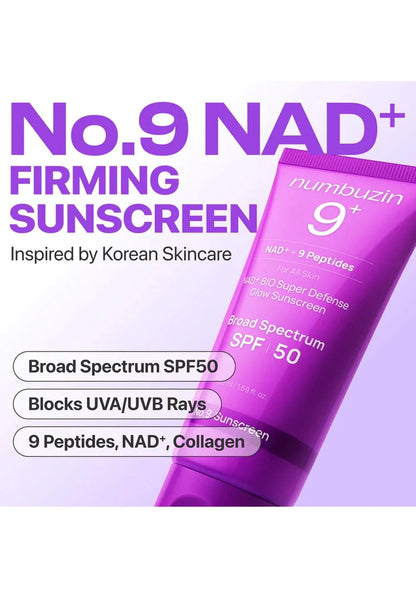 Tube of Numbuzin 9+ Firming Sunscreen with product details on a light purple background