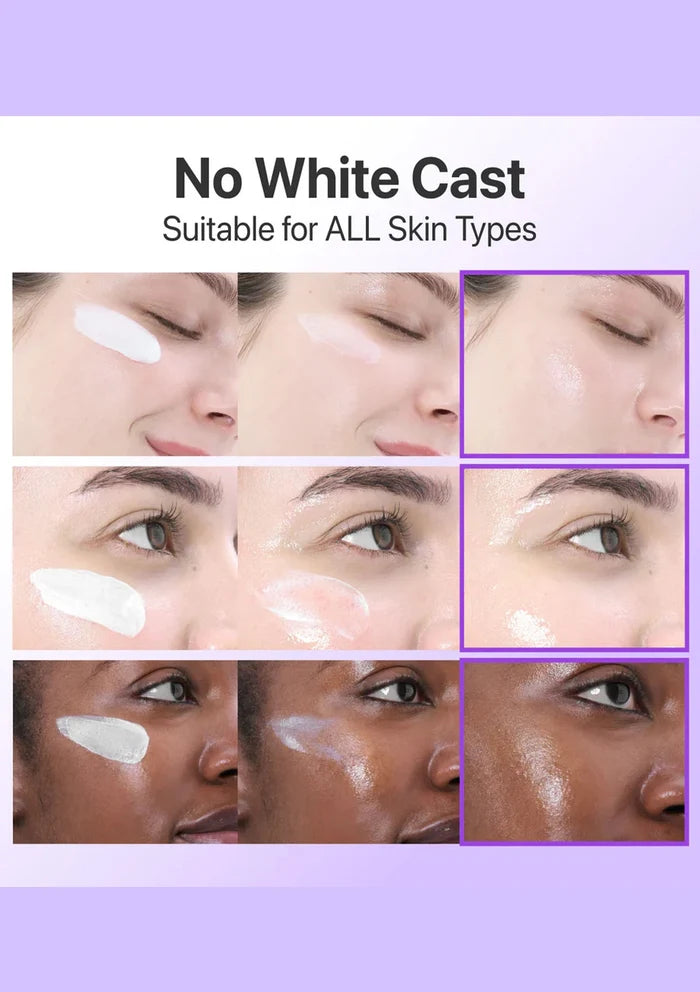 Collage of faces with a product application on skin, set against a purple background with text about skin types.