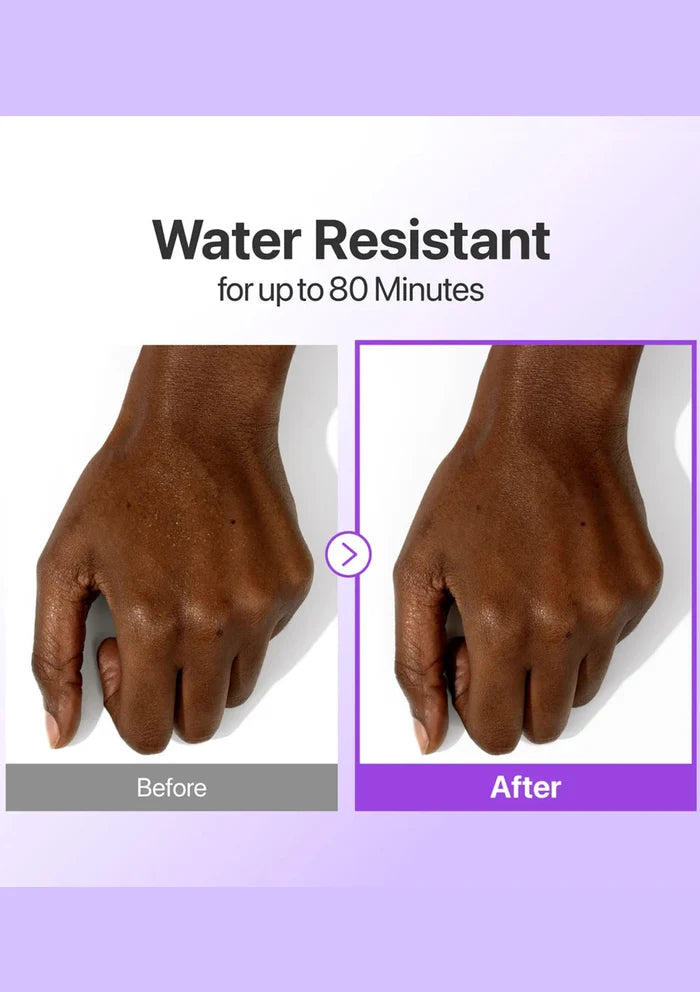 Before and after comparison of a hand with water resistance feature on a purple background