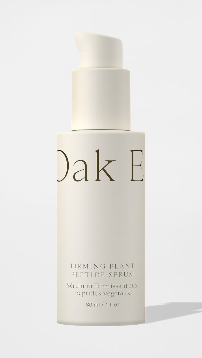Oak Essentials Firming Plant Peptide Serum 30ml bottle, clear glass container with pump, on a white background.