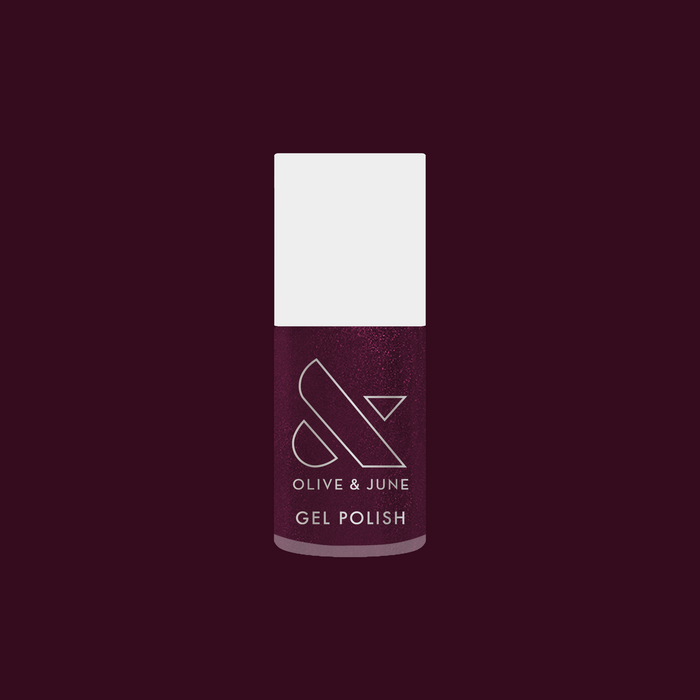 On the Promenade shimmering mulberry purple gel polish bottle for quick, long-lasting at home manicure by Olive and June