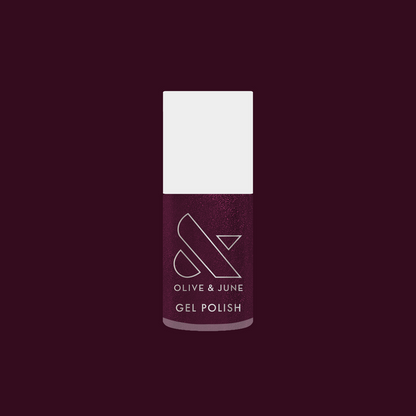 On the Promenade shimmering mulberry purple gel polish bottle for quick, long-lasting at home manicure by Olive and June