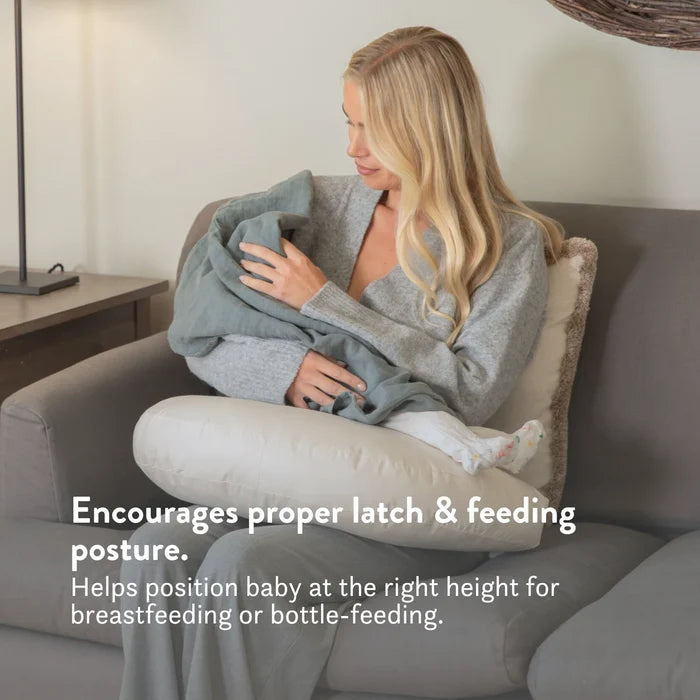 Organic British wool Nursing Pillow - Bottle & Breastfeeding Pillow with unbleached 100% cotton cover and visible zip, placed on a bed OEKOTEX standard 100 natural plastic free