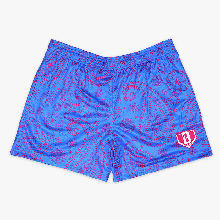 Blue and pink Paisley youth shorts — front view