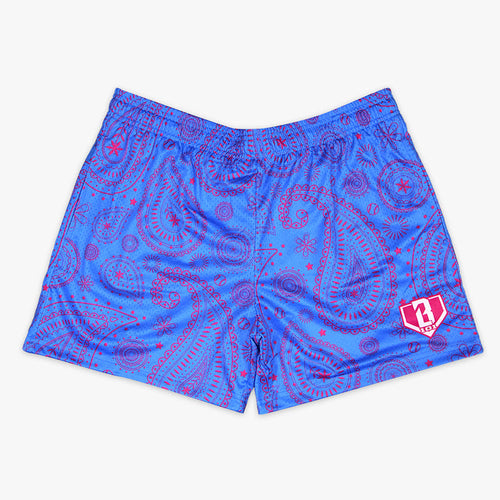 Blue and pink Paisley youth shorts — front view