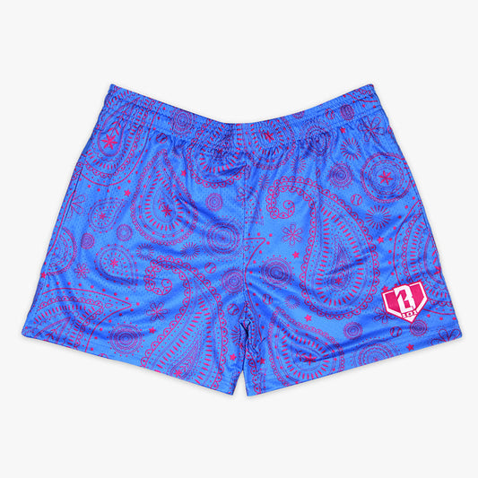 Blue and pink Paisley youth shorts — front view