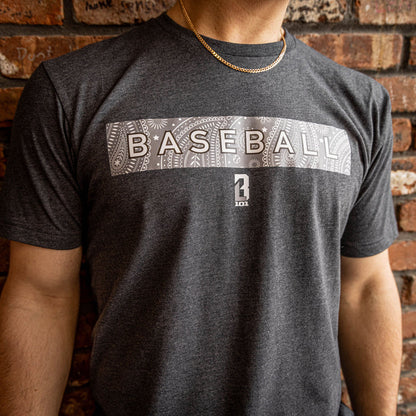 Youth baseball tee, gray paisley pattern