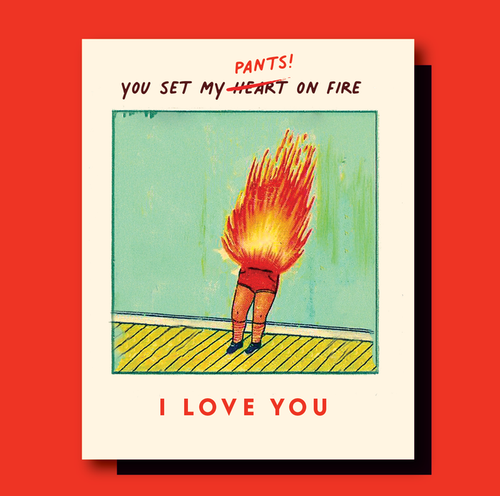 OffensiveDelightful "PANTS ON FIRE" cards featuring bold, humorous designs on a colorful background, ideal for fun card exchanges.