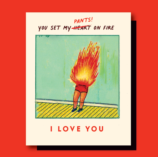 OffensiveDelightful "PANTS ON FIRE" cards featuring bold, humorous designs on a colorful background, ideal for fun card exchanges.