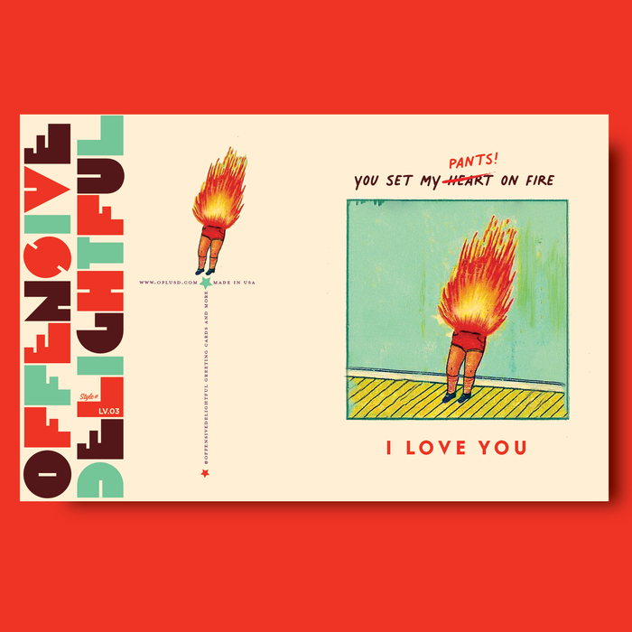 OffensiveDelightful "PANTS ON FIRE" card featuring bold text on a colorful background, designed as a humorous joke card.