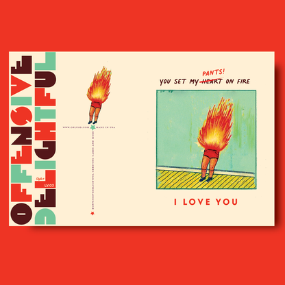 OffensiveDelightful "PANTS ON FIRE" card featuring bold text on a colorful background, designed as a humorous joke card.