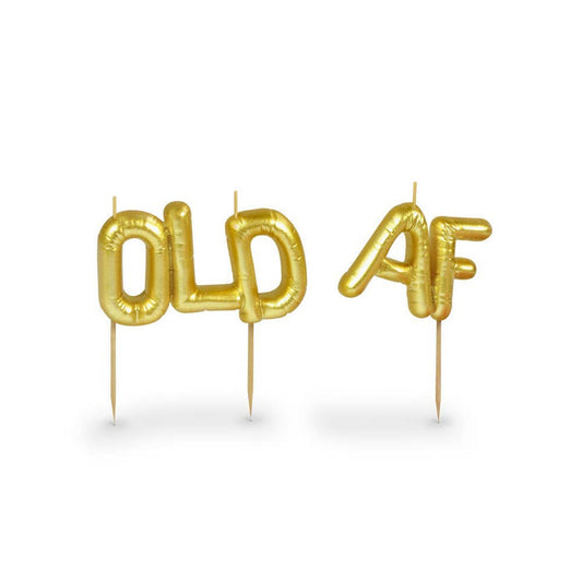 Set of six humorous Old AF party candles by Fred & Friends, featuring aged-themed designs for celebration and fun.