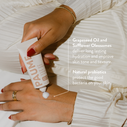 PAUME Probiotic Hand Balm tube showing smooth, creamy texture for nourishing and moisturizing hands.