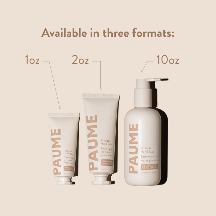 PAUME Probiotic Hand Balm in a sleek jar, showing creamy texture and soft, healthy-looking hands, emphasizing skincare and hydration.
