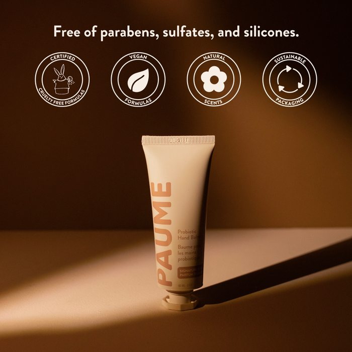 PAUME Probiotic Hand Balm in a jar, showcasing smooth, nourishing cream for healthy, hydrated hands.