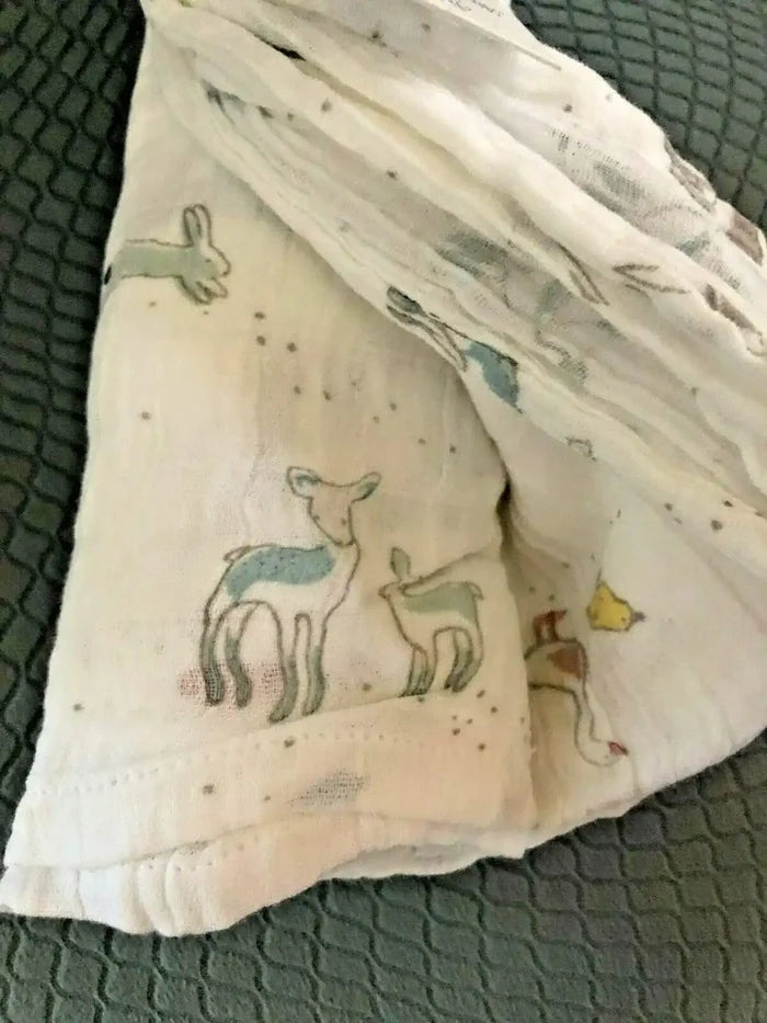 Pehr Springtime Friends swaddle blanket, 46x46 inches, featuring colorful spring-themed patterns on soft fabric.