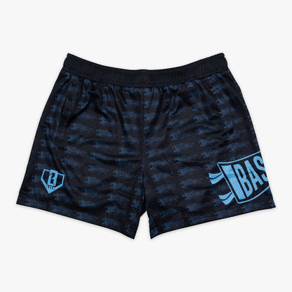 Black and light blue Pennant youth shorts — front view