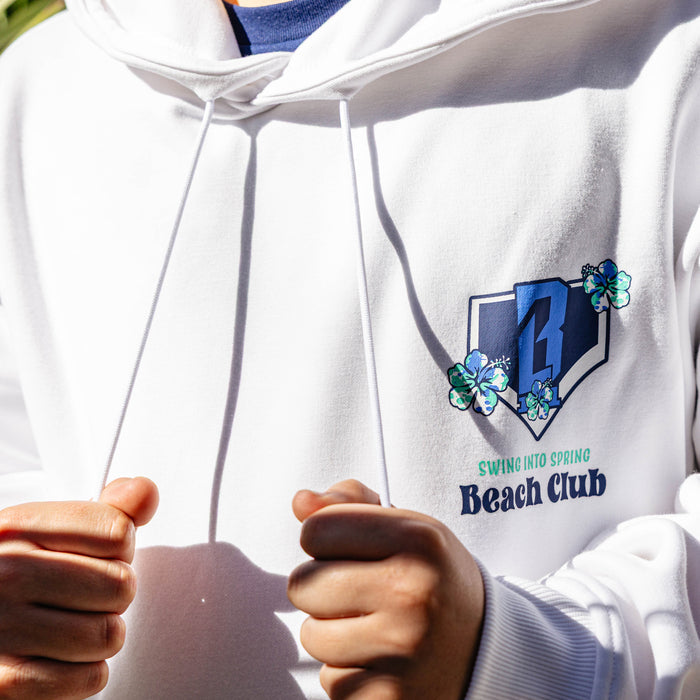 White hoodie with floral BL101 logo and 'Swing into Spring Beach Club' text