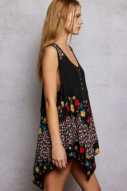 POL Round Neck Ribbed Tank with Woven Print Patch