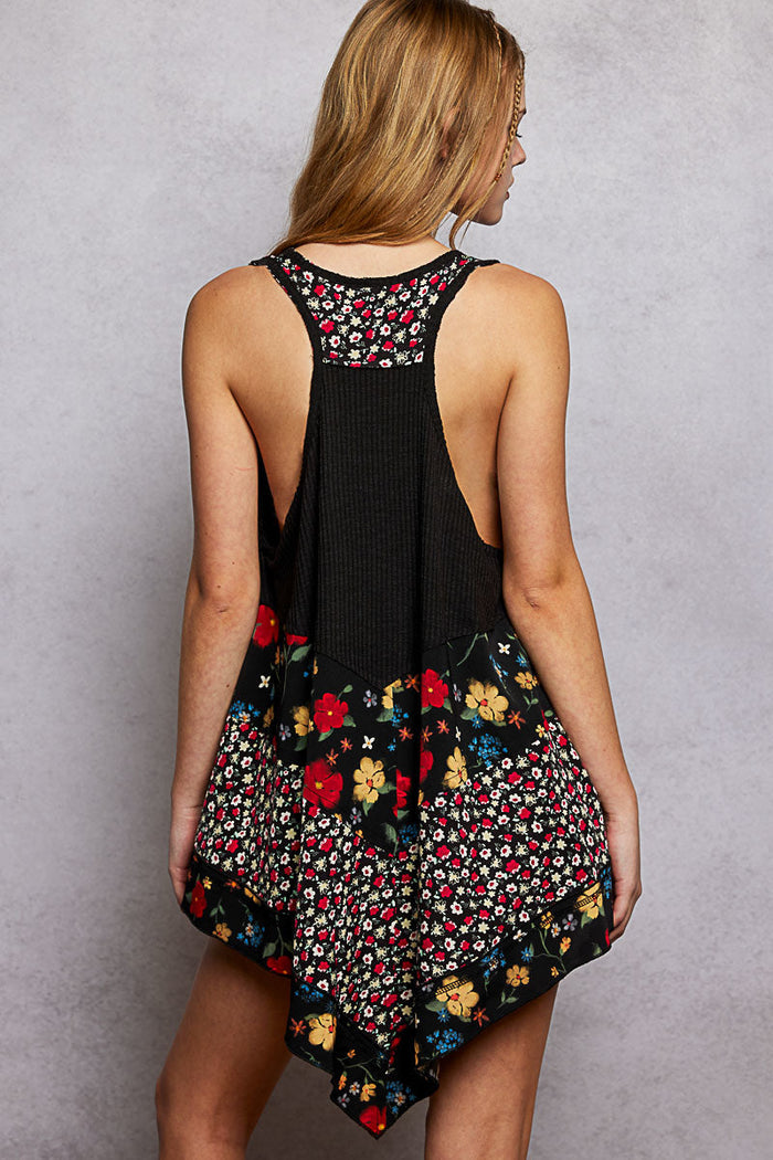 POL Round Neck Ribbed Tank with Woven Print Patch
