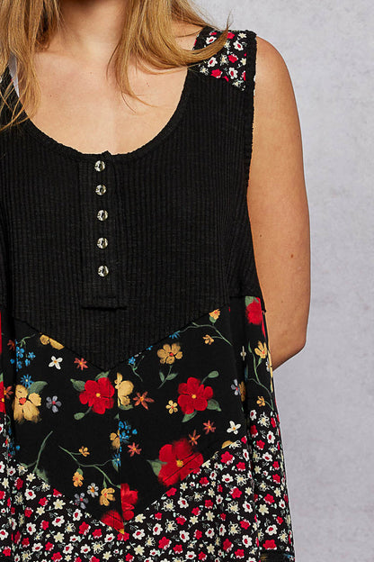 POL Round Neck Ribbed Tank with Woven Print Patch