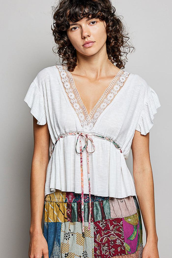 POL Tied Ruffled V-Neck Short Sleeve Blouse with Lace Detail