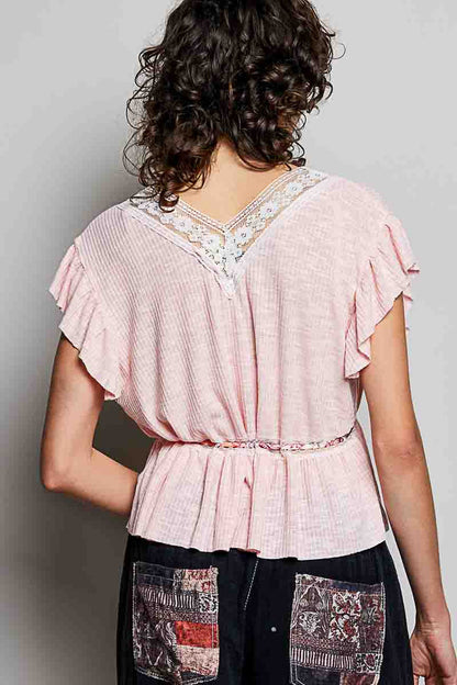 POL Tied Ruffled V-Neck Short Sleeve Blouse with Lace Detail