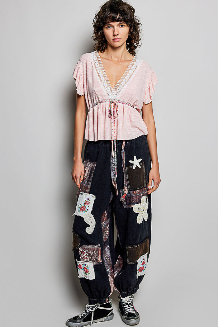 POL Tied Ruffled V-Neck Short Sleeve Blouse with Lace Detail