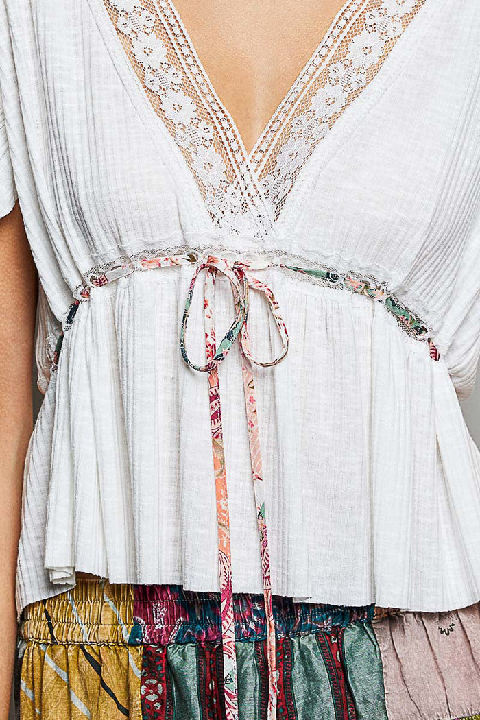 POL Tied Ruffled V-Neck Short Sleeve Blouse with Lace Detail
