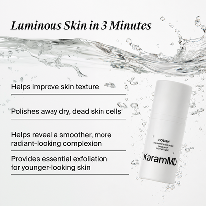 A white cylindrical skincare bottle labeled KaramMD Polish Exfoliating Lather stands on a light gray background with water splash graphics and marketing text about brightening skin in 3 minutes.
