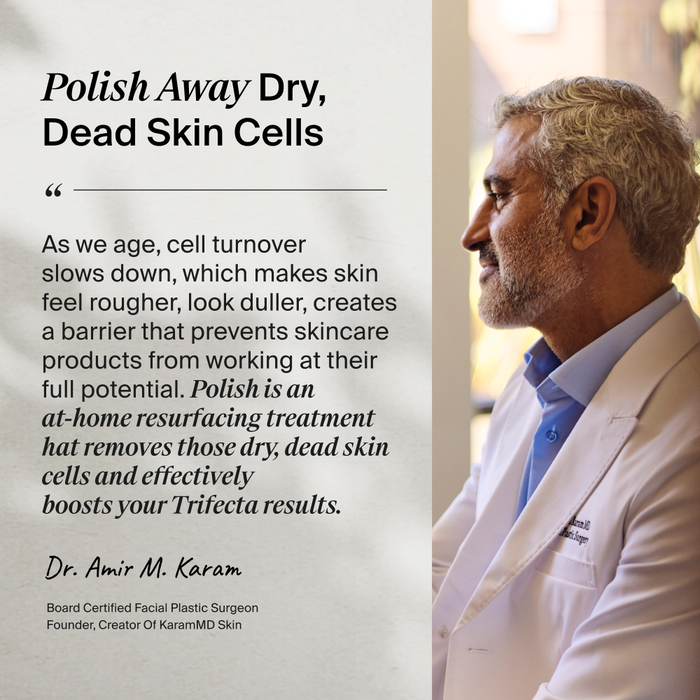 Promotional graphic for 'Polish Away Dry, Dead Skin Cells' featuring a side-by-side split design. The left side has a light beige background with black text quoting Dr.