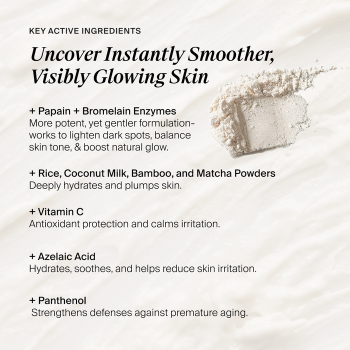 An informational skincare graphic with the headline 'Uncover Instantly Smoother, Visibly Glowing Skin' and a list of key active ingredients on a soft white textured background. The ingredients include papain and bromelain enzymes, rice, coconut milk, bamboo, and matcha powders, vitamin C, azelaic acid, and panthenol.