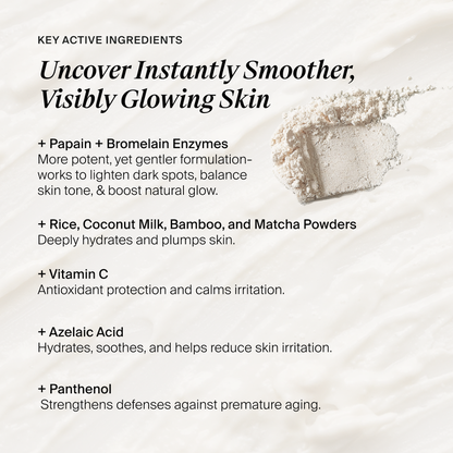 An informational skincare graphic with the headline 'Uncover Instantly Smoother, Visibly Glowing Skin' and a list of key active ingredients on a soft white textured background. The ingredients include papain and bromelain enzymes, rice, coconut milk, bamboo, and matcha powders, vitamin C, azelaic acid, and panthenol.