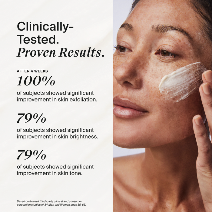 Promotional skincare graphic with text claiming clinically-tested proven results, alongside a close-up of a woman applying cream to her face.