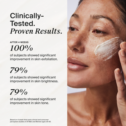 Promotional skincare graphic with text claiming clinically-tested proven results, alongside a close-up of a woman applying cream to her face.