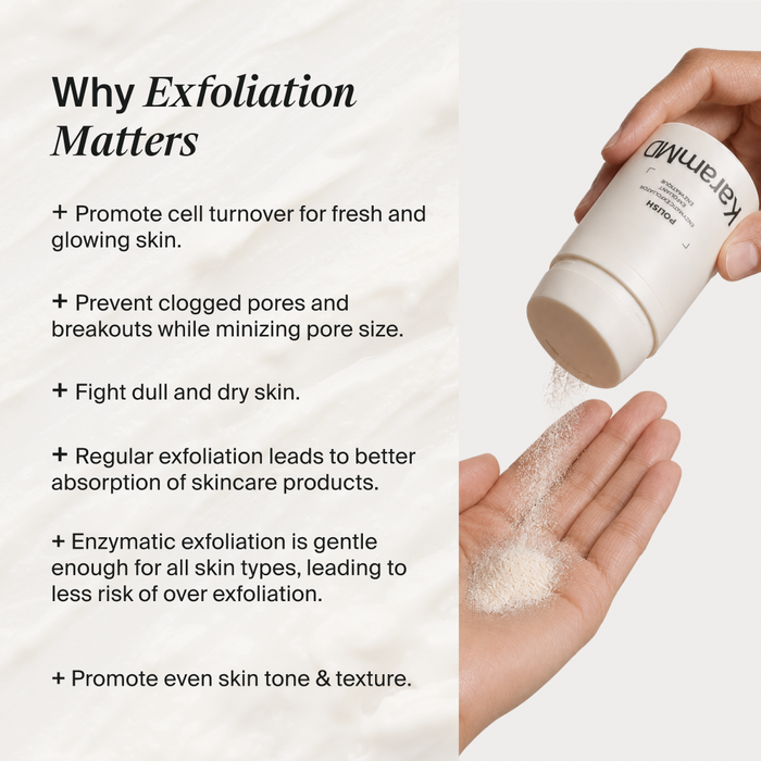 Promotional graphic for KeraMIND Exfoliating Powder. The left side features text detailing the benefits of exfoliation, while the right side shows a hand receiving the fine white powder from a white jar held by the brand KeraMIND.