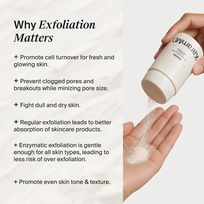 Promotional graphic for KeraMIND Exfoliating Powder. The left side features text detailing the benefits of exfoliation, while the right side shows a hand receiving the fine white powder from a white jar held by the brand KeraMIND.