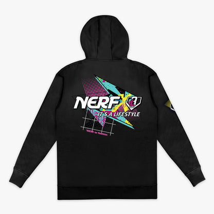 Black hoodie with colorful 'NERF It's a Lifestyle' graphic on the back against a white background