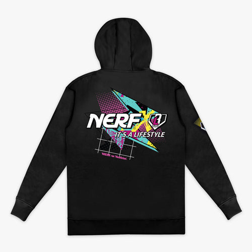 Black hoodie with colorful 'NERF It's a Lifestyle' graphic on the back against a white background