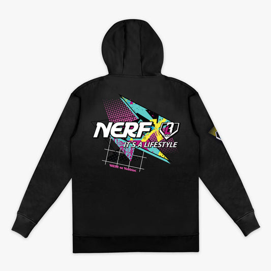 Black hoodie with colorful 'NERF It's a Lifestyle' graphic on the back against a white background