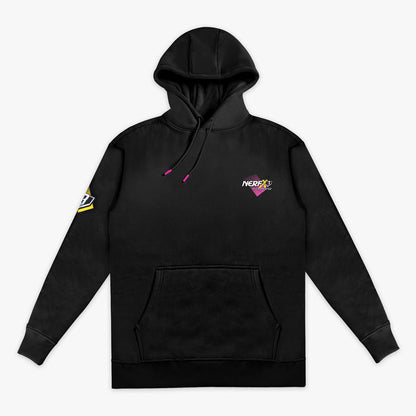 Black hoodie with 'NERF X BL101' logos on sleeves and chest against a white background
