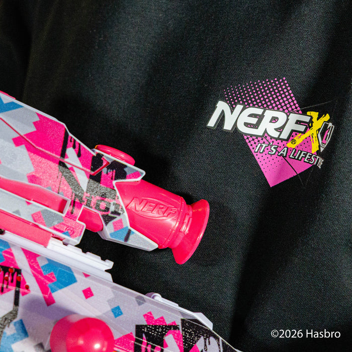 Colorful toy blaster with NERF X BL101 branding on a black background
