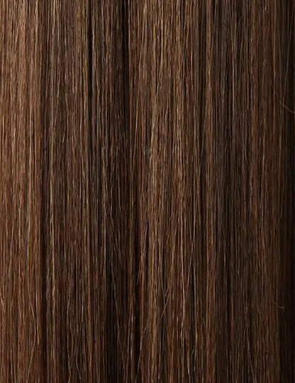OUTRE clip-in ponytail hair extension in rich brown color with a smooth straight texture